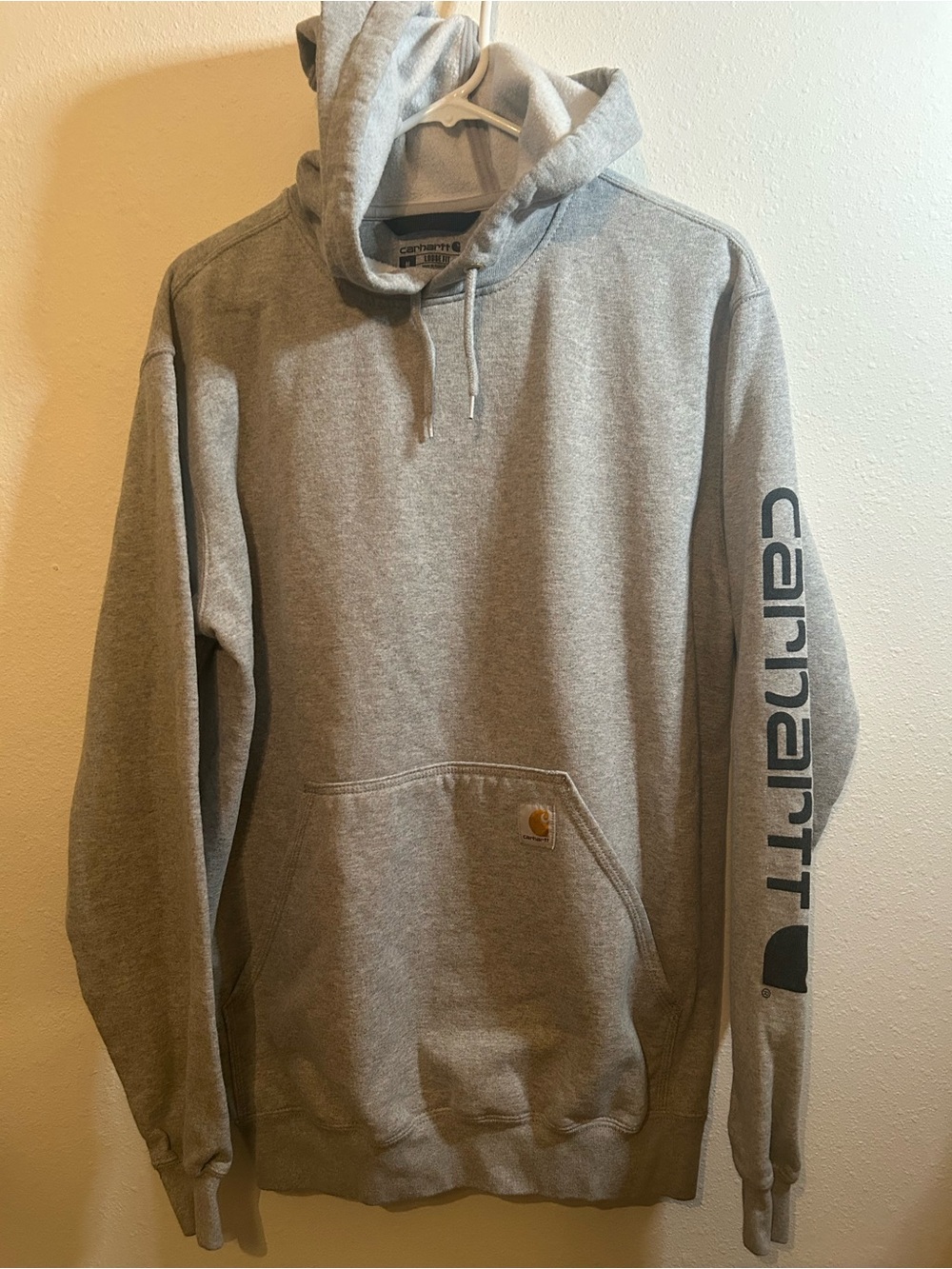 Carhartt Mens Medium Loose Fit Heather Gray Sleeve Graphic Logo Hoodie Pullover